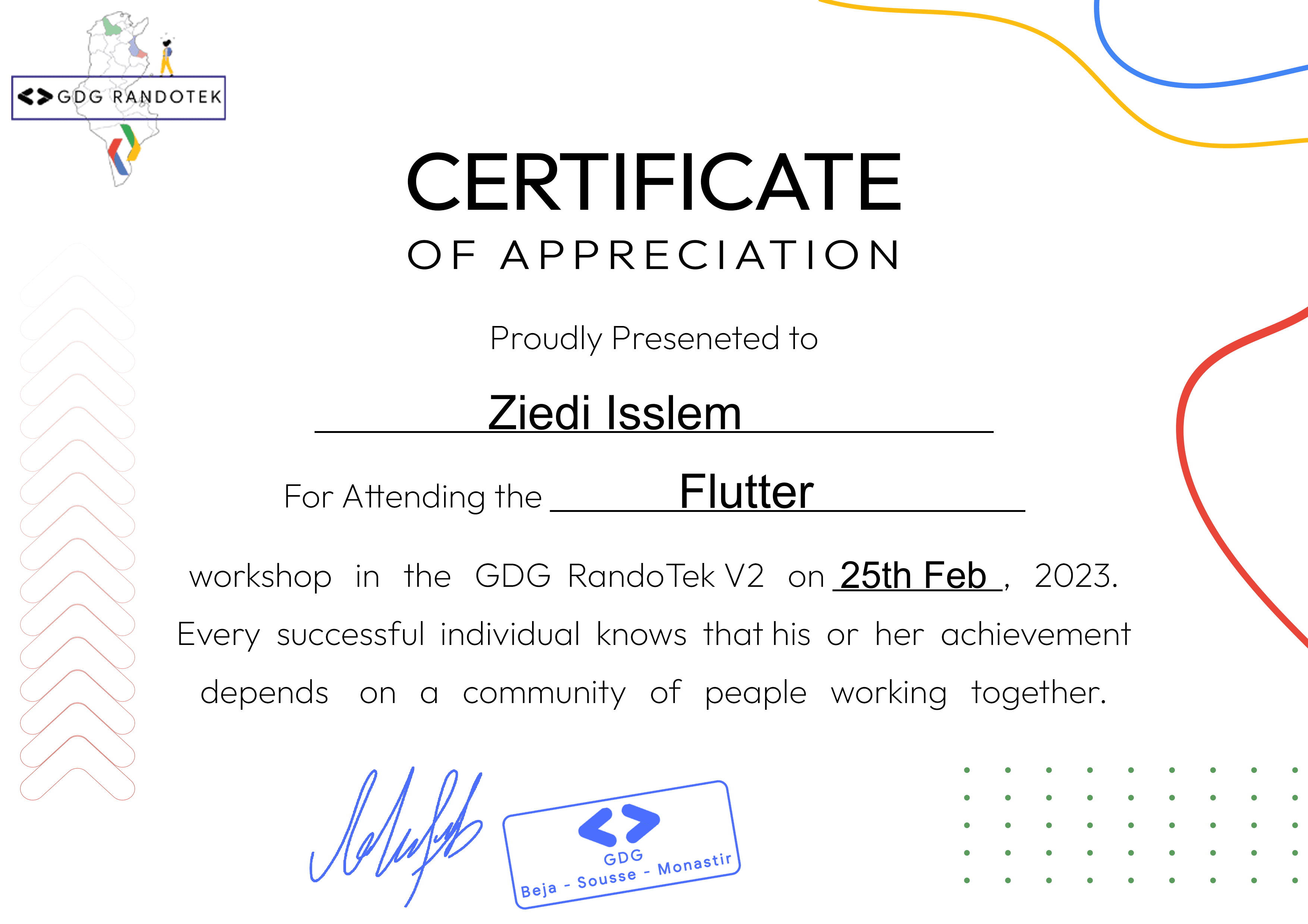 Certificate of Appreciation of Flutter Workshop